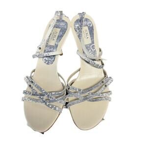 Furla Snakeskin Embossed Leather Strappy Ankle Heel Sandals Cream Size 39 US 8.5